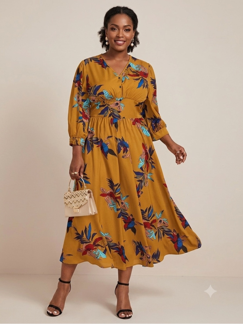 J.Gee Mustard Floral Print V-Neck Midi Dress with 3/4 Sleeves